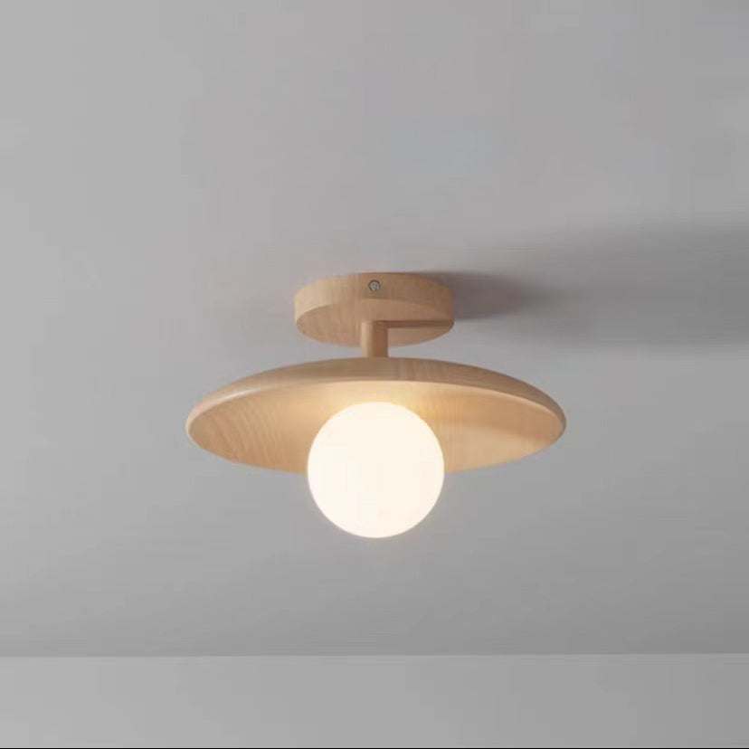 Lustre semi-encastré à 1 lumière en bois et verre rond nordique contemporain pour salon 