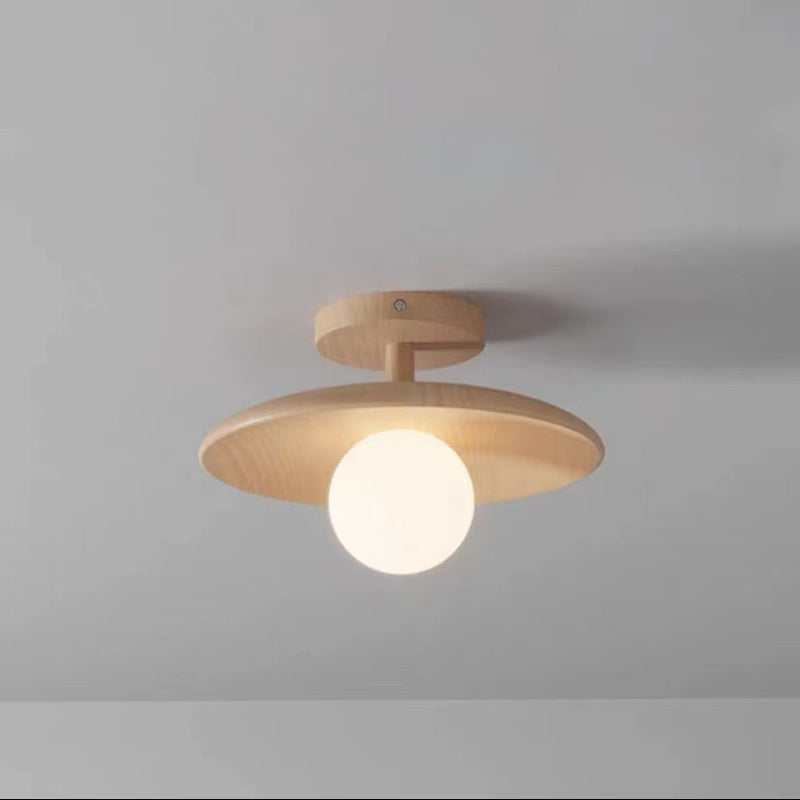 Contemporary Nordic Round Globe Wood Glass 1-Light Semi-Flush Mount Ceiling Light For Living Room