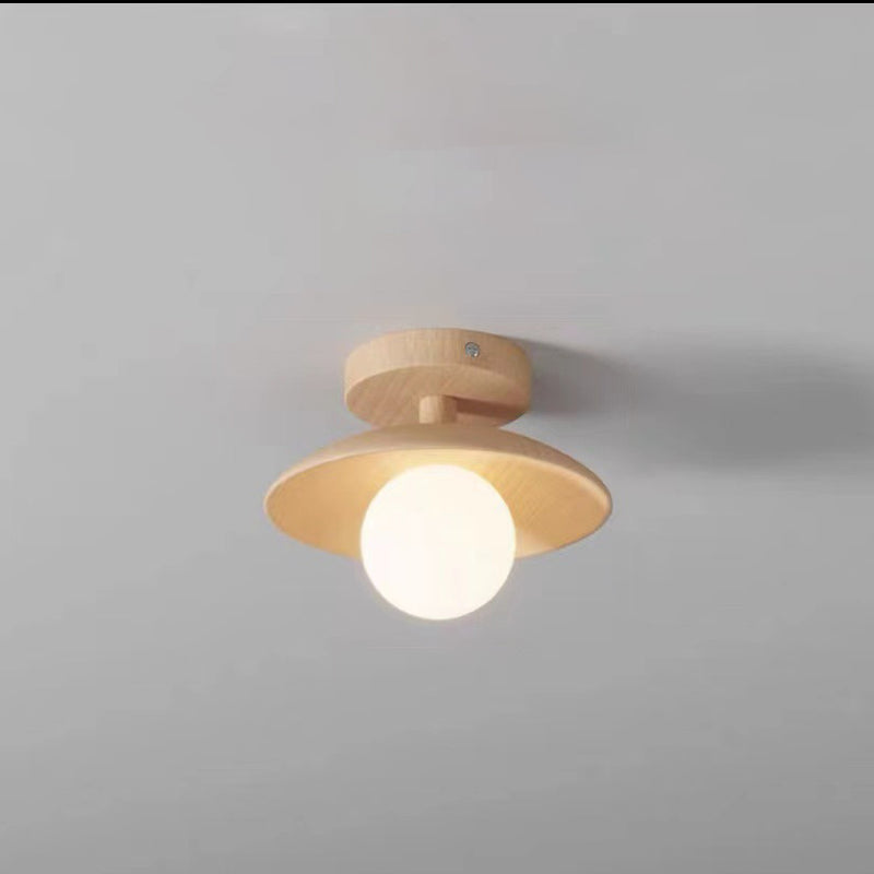 Contemporary Nordic Round Globe Wood Glass 1-Light Semi-Flush Mount Ceiling Light For Living Room