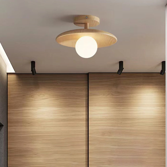 Contemporary Nordic Round Globe Wood Glass 1-Light Semi-Flush Mount Ceiling Light For Living Room