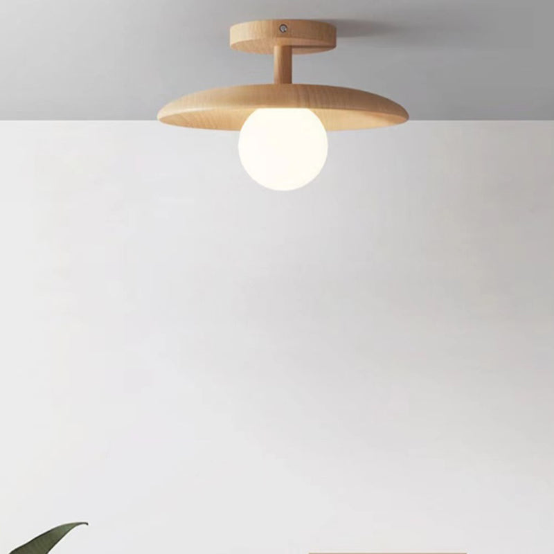 Contemporary Nordic Round Globe Wood Glass 1-Light Semi-Flush Mount Ceiling Light For Living Room