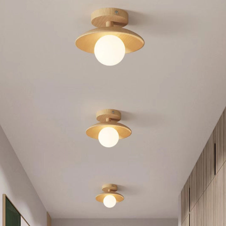 Lustre semi-encastré à 1 lumière en bois et verre rond nordique contemporain pour salon 