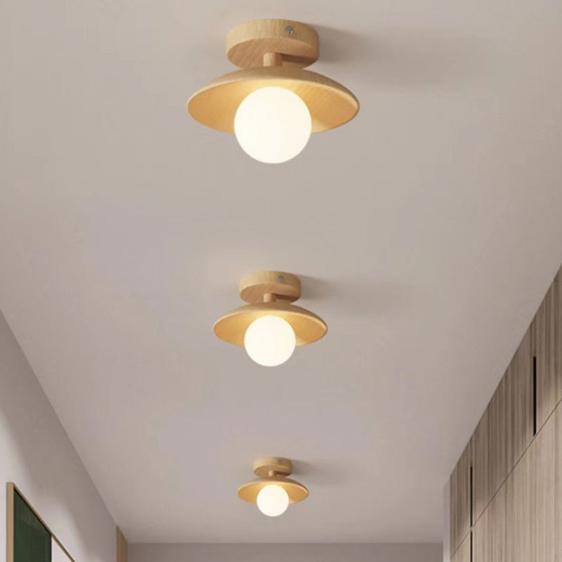Contemporary Nordic Round Globe Wood Glass 1-Light Semi-Flush Mount Ceiling Light For Living Room