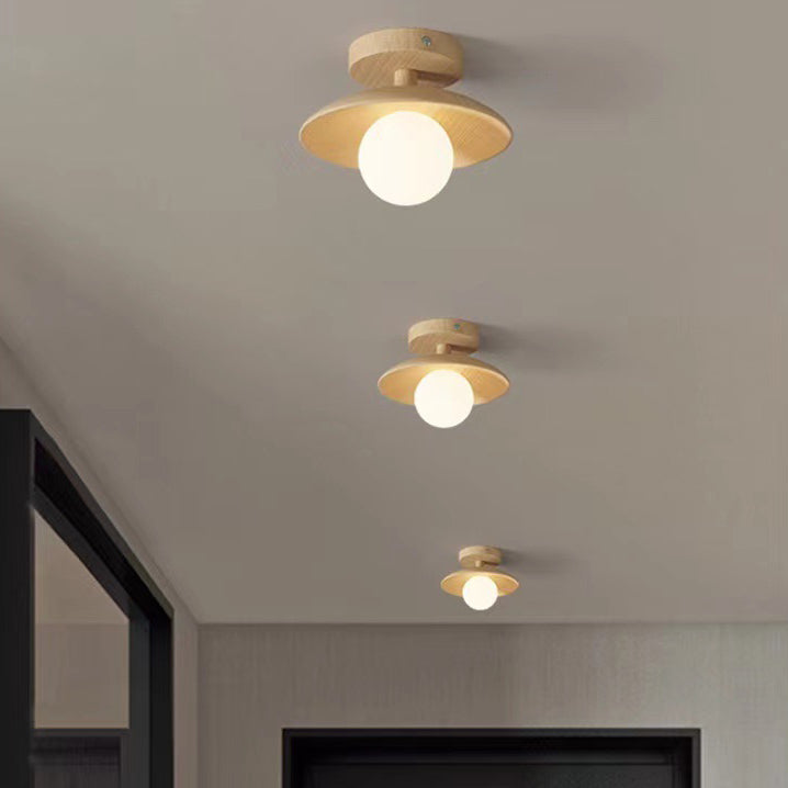 Contemporary Nordic Round Globe Wood Glass 1-Light Semi-Flush Mount Ceiling Light For Living Room