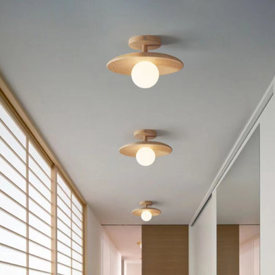 Contemporary Nordic Round Globe Wood Glass 1-Light Semi-Flush Mount Ceiling Light For Living Room