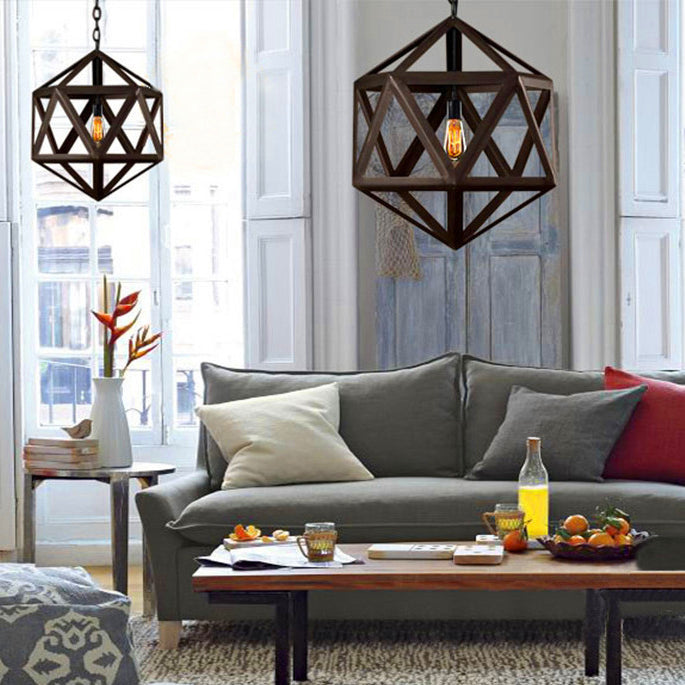 Contemporary Industrial Polygonal Diamond Iron Frame 1-Light Pendant Light For Living Room