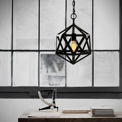 Contemporary Industrial Polygonal Diamond Iron Frame 1-Light Pendant Light For Living Room