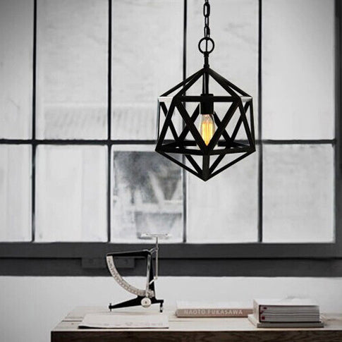 Contemporary Industrial Polygonal Diamond Iron Frame 1-Light Pendant Light For Living Room