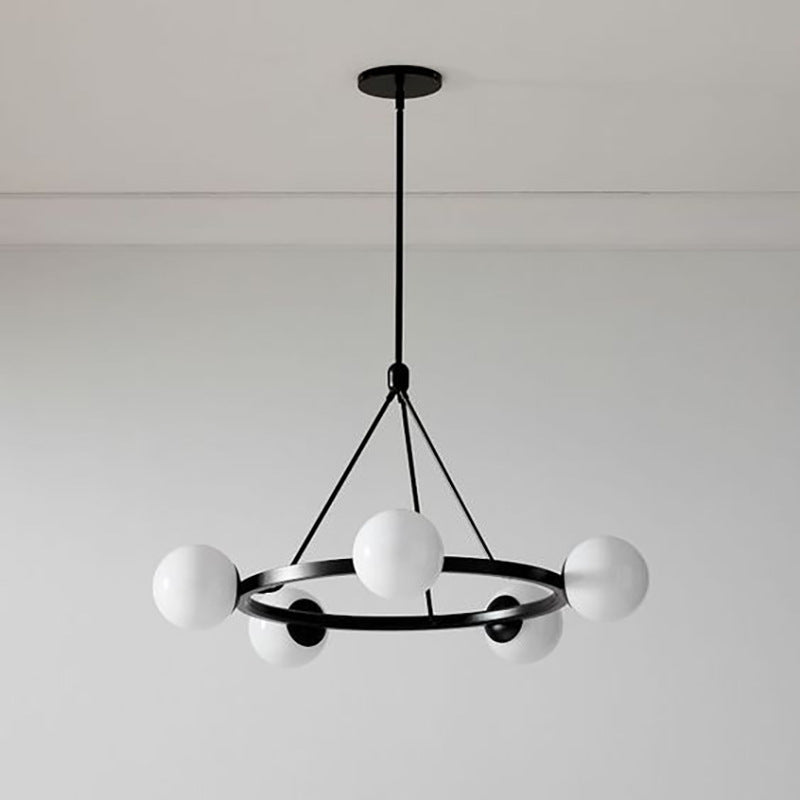 Modern Minimalist Round Orb Iron Frame Glass Shade 5-Light Chandelier For Living Room