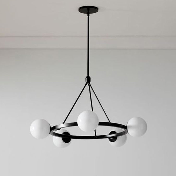 Modern Minimalist Round Orb Iron Frame Glass Shade 5-Light Chandelier For Living Room
