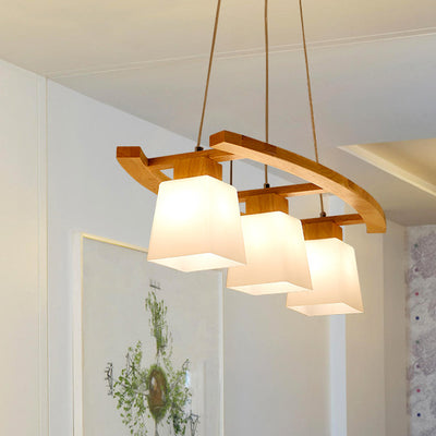 Contemporary Nordic Rectangular Trapezoidal Glass Shade Wooden Frame 3-Light Island Light Chandelier For Dining Room