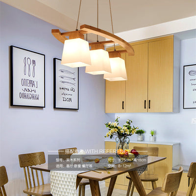 Contemporary Nordic Rectangular Trapezoidal Glass Shade Wooden Frame 3-Light Island Light Chandelier For Dining Room