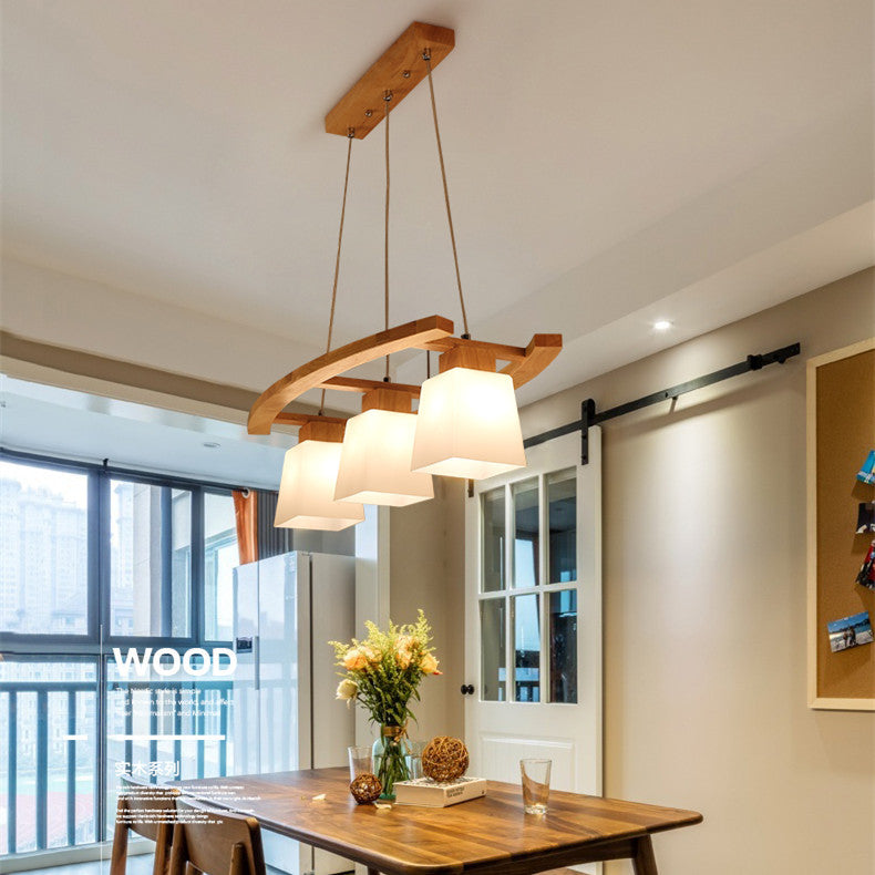 Contemporary Nordic Rectangular Trapezoidal Glass Shade Wooden Frame 3-Light Island Light Chandelier For Dining Room