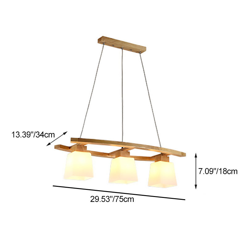 Contemporary Nordic Rectangular Trapezoidal Glass Shade Wooden Frame 3-Light Island Light Chandelier For Dining Room