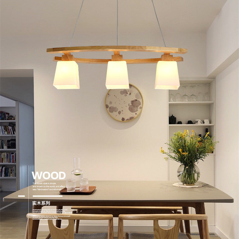 Contemporary Nordic Rectangular Trapezoidal Glass Shade Wooden Frame 3-Light Island Light Chandelier For Dining Room