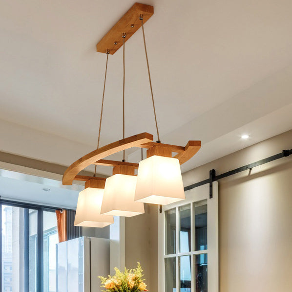 Contemporary Nordic Rectangular Trapezoidal Glass Shade Wooden Frame 3-Light Island Light Chandelier For Dining Room