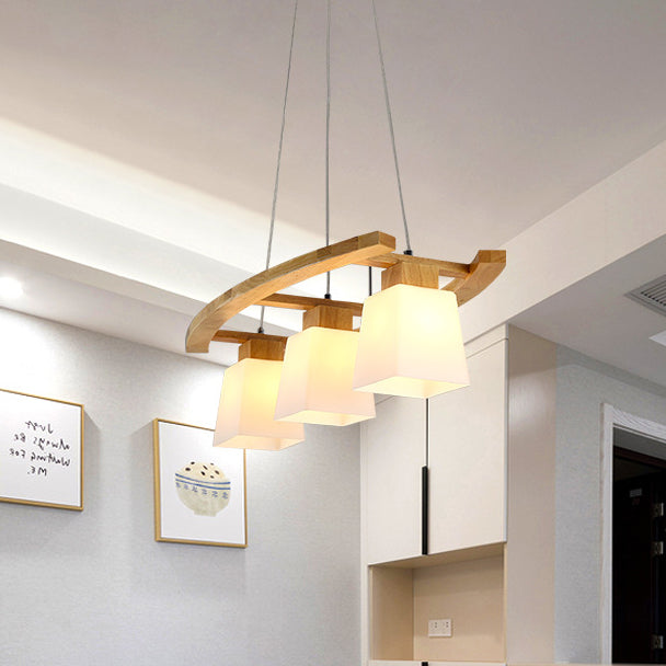 Contemporary Nordic Rectangular Trapezoidal Glass Shade Wooden Frame 3-Light Island Light Chandelier For Dining Room