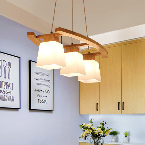 Contemporary Nordic Rectangular Trapezoidal Glass Shade Wooden Frame 3-Light Island Light Chandelier For Dining Room