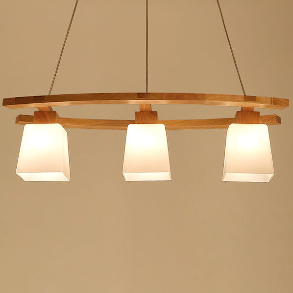 Contemporary Nordic Rectangular Trapezoidal Glass Shade Wooden Frame 3-Light Island Light Chandelier For Dining Room
