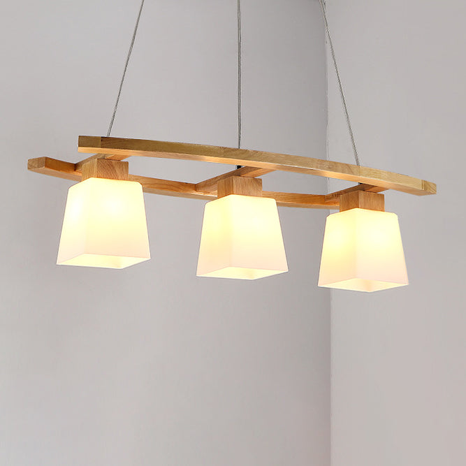 Contemporary Nordic Rectangular Trapezoidal Glass Shade Wooden Frame 3-Light Island Light Chandelier For Dining Room