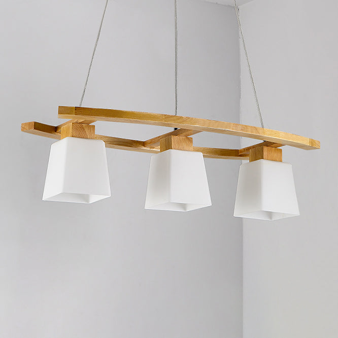 Contemporary Nordic Rectangular Trapezoidal Glass Shade Wooden Frame 3-Light Island Light Chandelier For Dining Room