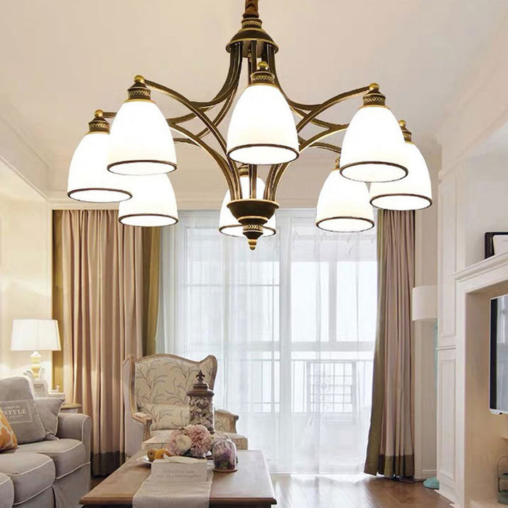 Contemporary Retro Branch Round Cup Shape Glass Shade Metal Frame 3/6/8 Light Chandelier For Living Room