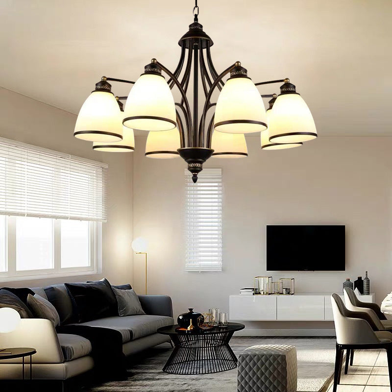 Contemporary Retro Branch Round Cup Shape Glass Shade Metal Frame 3/6/8 Light Chandelier For Living Room