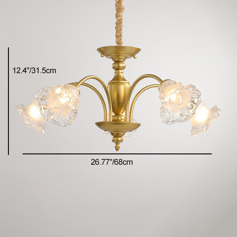 Traditional French Branch Curved Rod Flared Flower Iron Glass 5/6/8/10 Light Chandelier For Living Room