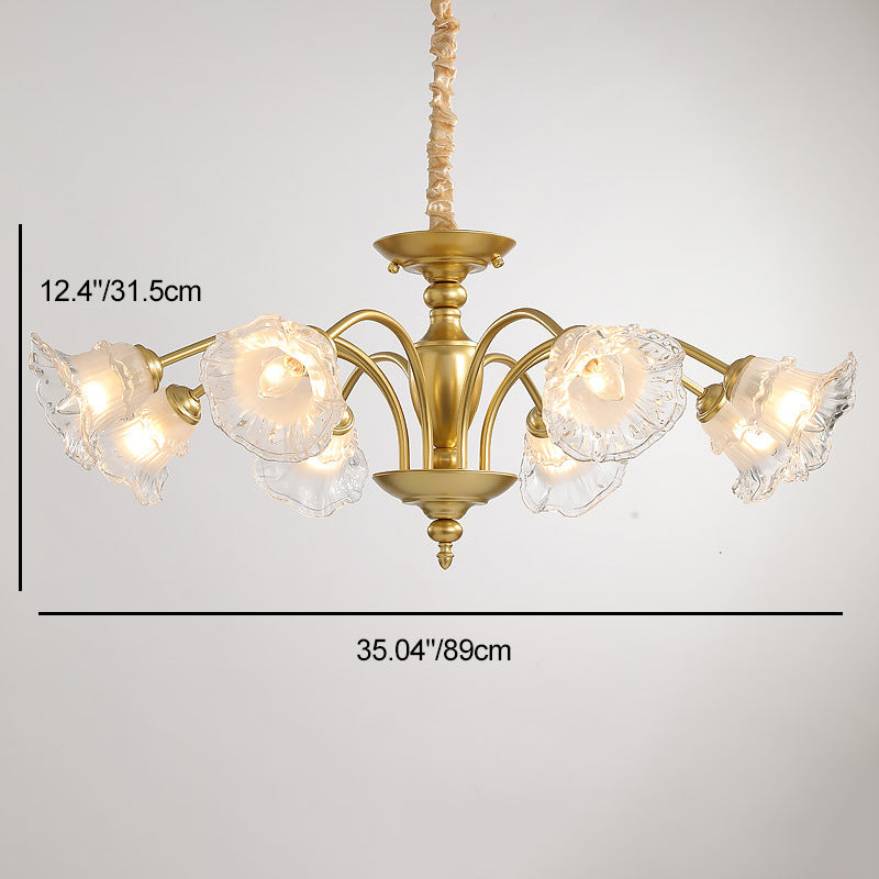 Traditional French Branch Curved Rod Flared Flower Iron Glass 5/6/8/10 Light Chandelier For Living Room