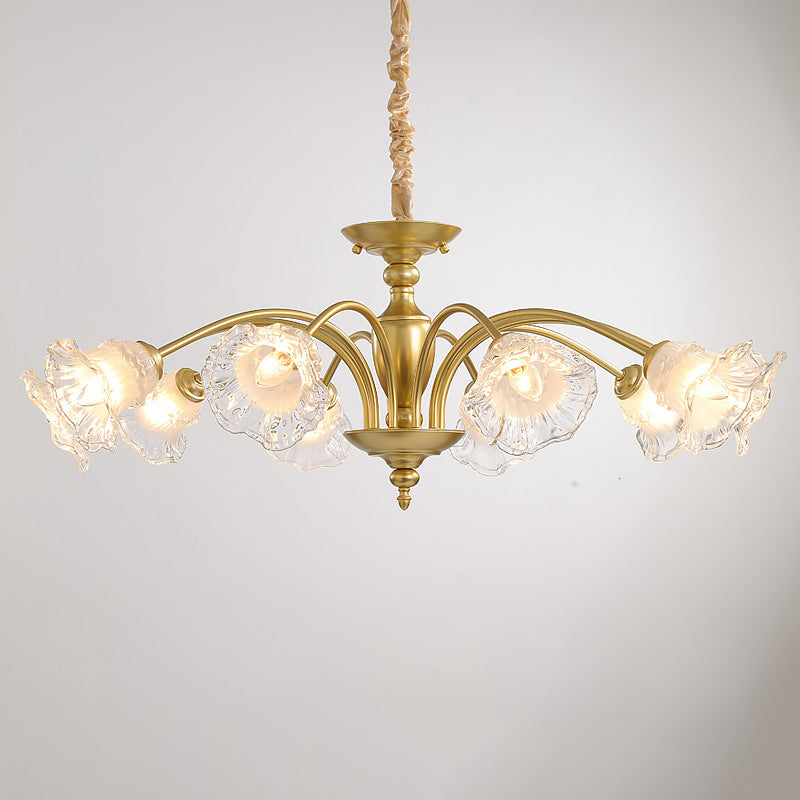 Traditional French Branch Curved Rod Flared Flower Iron Glass 5/6/8/10 Light Chandelier For Living Room