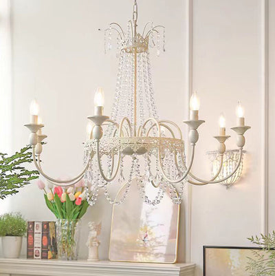 Traditional French Curved Rod Branch Candelabra Iron Frame Crystal 4/6/8 Light Chandelier For Living Room