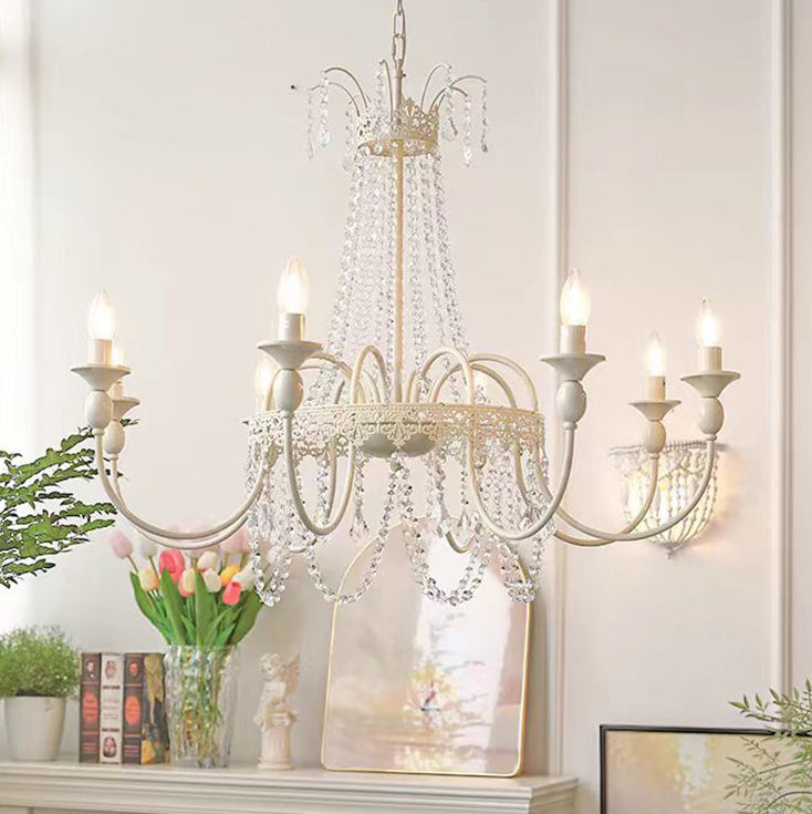 Traditional French Curved Rod Branch Candelabra Iron Frame Crystal 4/6/8 Light Chandelier For Living Room