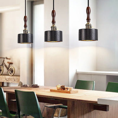 Modern Art Deco Round Copper Solid Wood Black Travertine 1-Light Pendant Light For Bedroom