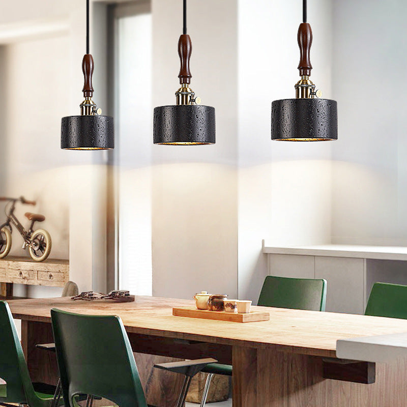 Modern Art Deco Round Copper Solid Wood Black Travertine 1-Light Pendant Light For Bedroom