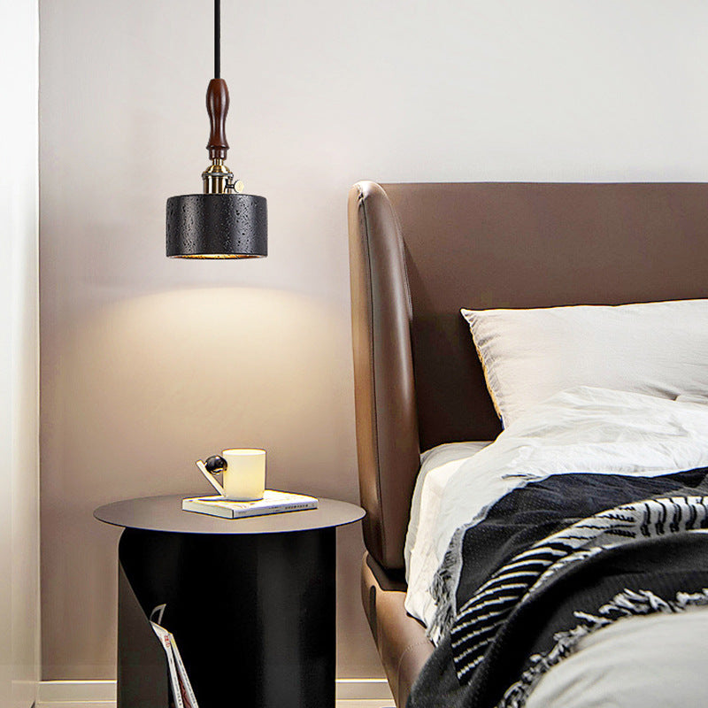 Modern Art Deco Round Copper Solid Wood Black Travertine 1-Light Pendant Light For Bedroom