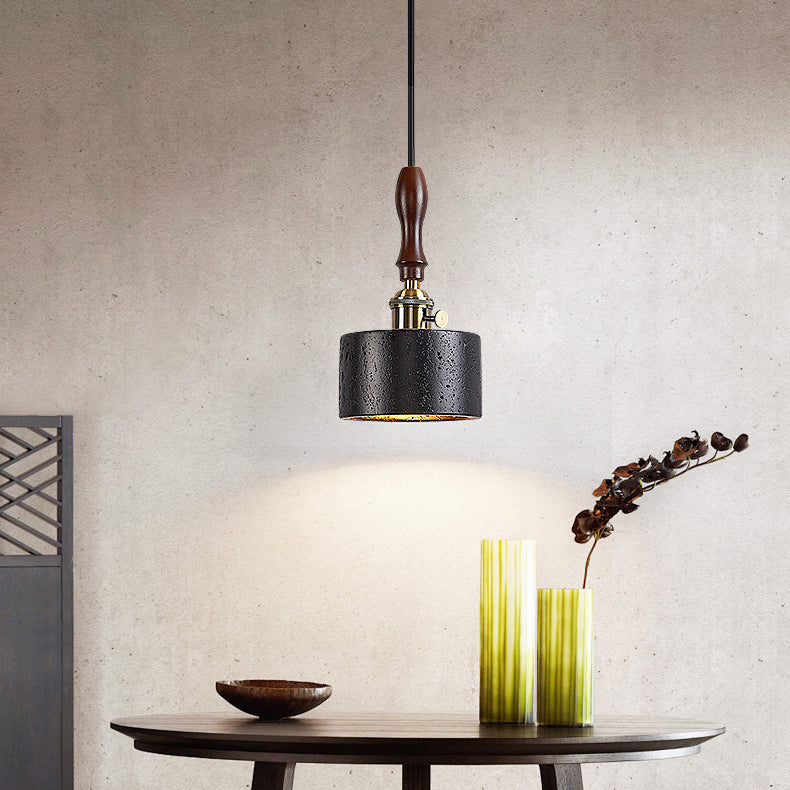 Modern Art Deco Round Copper Solid Wood Black Travertine 1-Light Pendant Light For Bedroom