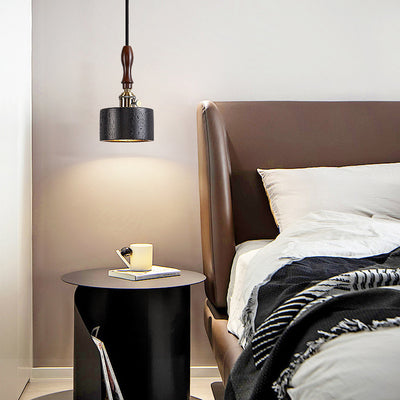 Modern Art Deco Round Copper Solid Wood Black Travertine 1-Light Pendant Light For Bedroom