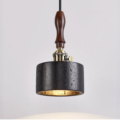 Modern Art Deco Round Copper Solid Wood Black Travertine 1-Light Pendant Light For Bedroom
