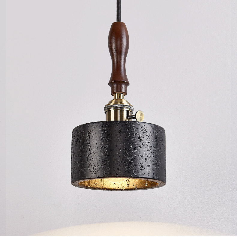 Modern Art Deco Round Copper Solid Wood Black Travertine 1-Light Pendant Light For Bedroom