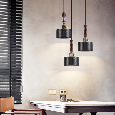 Modern Art Deco Round Copper Solid Wood Black Travertine 1-Light Pendant Light For Bedroom