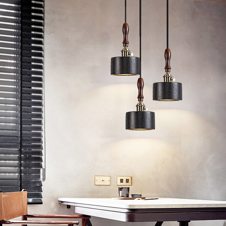 Modern Art Deco Round Copper Solid Wood Black Travertine 1-Light Pendant Light For Bedroom