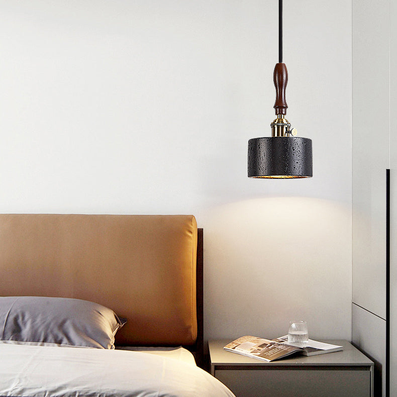 Modern Art Deco Round Copper Solid Wood Black Travertine 1-Light Pendant Light For Bedroom