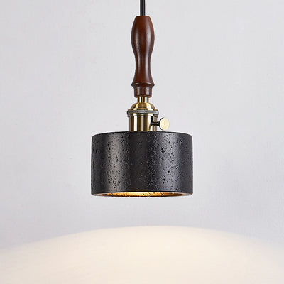 Modern Art Deco Round Copper Solid Wood Black Travertine 1-Light Pendant Light For Bedroom