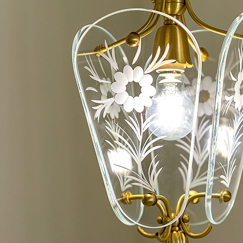 Moderne Mid-Century Quadrilateral Oval Floral Glasschirm Eisenrahmen 1-Licht Pendelleuchte für das Wohnzimmer 