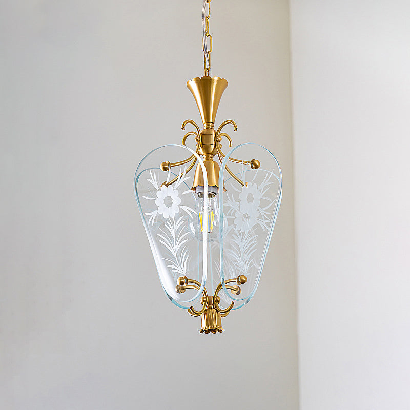 Moderne Mid-Century Quadrilateral Oval Floral Glasschirm Eisenrahmen 1-Licht Pendelleuchte für das Wohnzimmer 