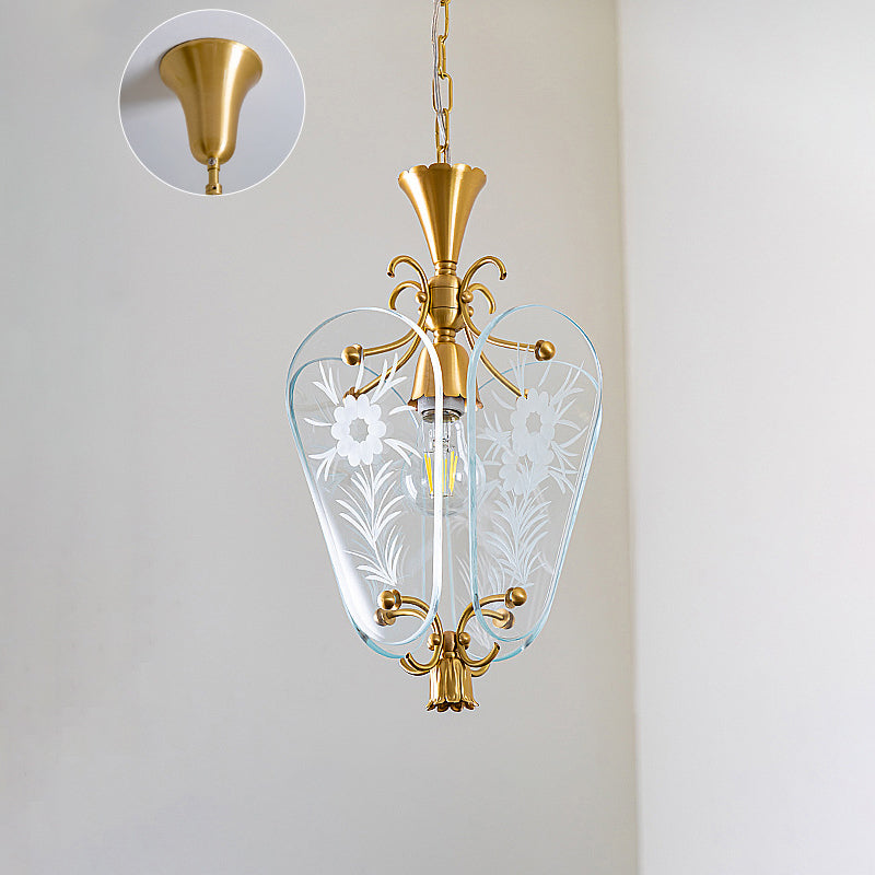 Moderne Mid-Century Quadrilateral Oval Floral Glasschirm Eisenrahmen 1-Licht Pendelleuchte für das Wohnzimmer 