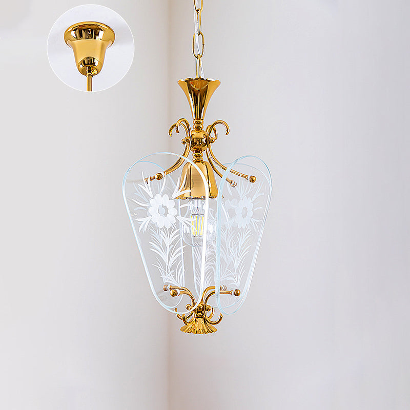 Moderne Mid-Century Quadrilateral Oval Floral Glasschirm Eisenrahmen 1-Licht Pendelleuchte für das Wohnzimmer 