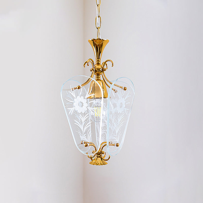 Moderne Mid-Century Quadrilateral Oval Floral Glasschirm Eisenrahmen 1-Licht Pendelleuchte für das Wohnzimmer 