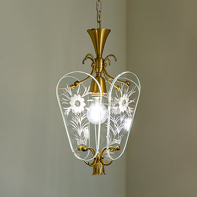 Moderne Mid-Century Quadrilateral Oval Floral Glasschirm Eisenrahmen 1-Licht Pendelleuchte für das Wohnzimmer 