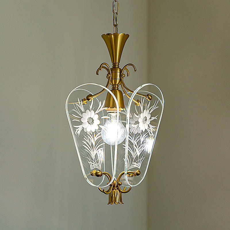 Moderne Mid-Century Quadrilateral Oval Floral Glasschirm Eisenrahmen 1-Licht Pendelleuchte für das Wohnzimmer 